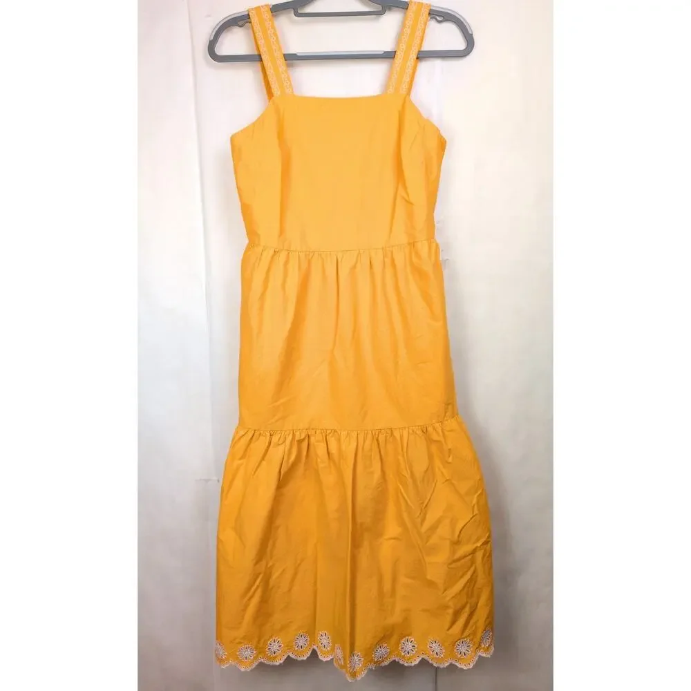 J.crew yellow tiered eyelet lace embroidered midi dress Sz 2 Boho Retro Cottage
